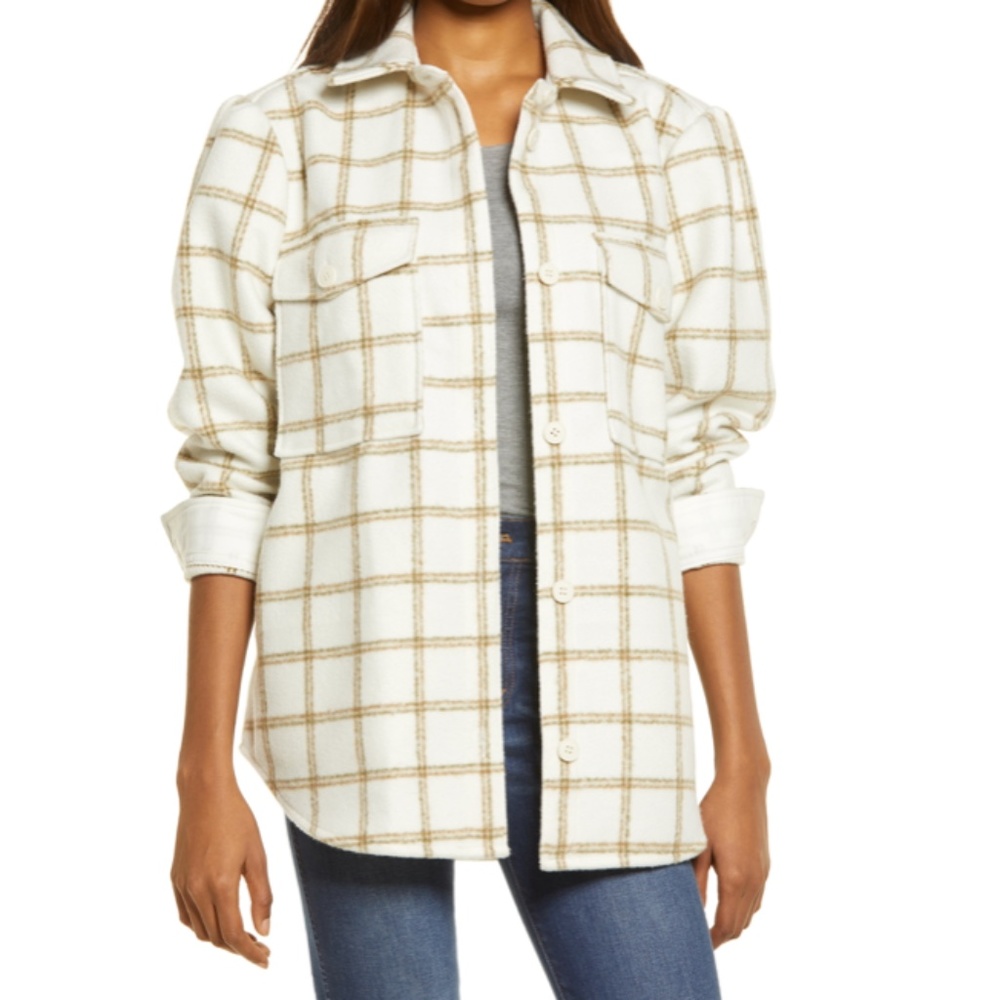 NWT Treasure & Bond Plaid Puff Sleeve Shirt Jacket in Ivory
